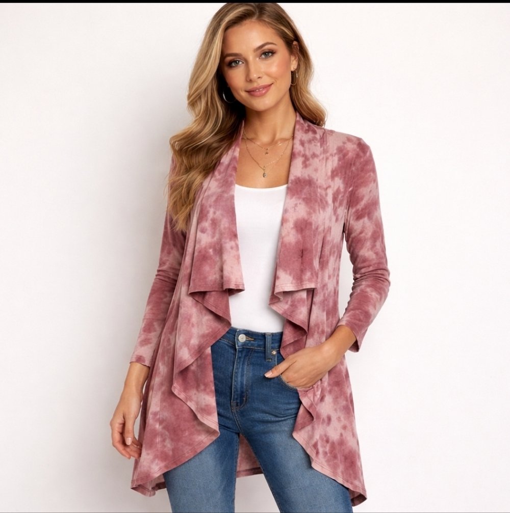 Knox Rose Womens S Mauve Tie Dye Waterfall Draped Open Front Cardigan Duster